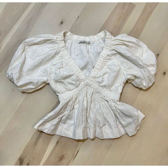 Abercrombie & Fitch Linen Blend Peplum Top Dainty Boho Cottage Peasant Chic - Picture 4 of 11